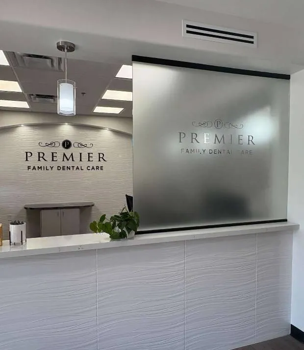 A bright, modern reception area welcomes patients to Premier Family Dental Care, creating a comfortable and professional setting for anyone seeking a family dentist in Gilbert, AZ.